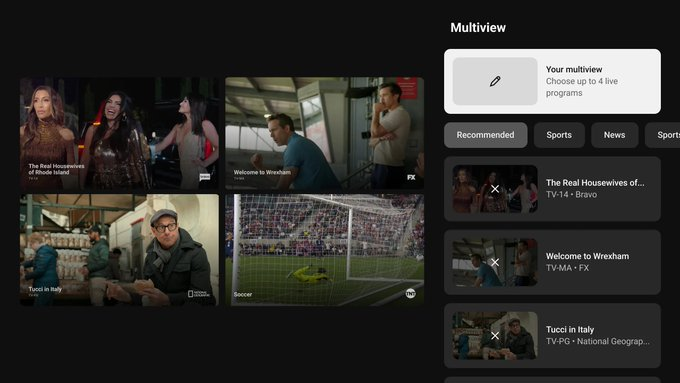 Multiview dashboard with four video thumbnails on the left and a right-hand panel for choosing up to four live programs, including a Your multiview card and category tabs like Recommended and Sports.