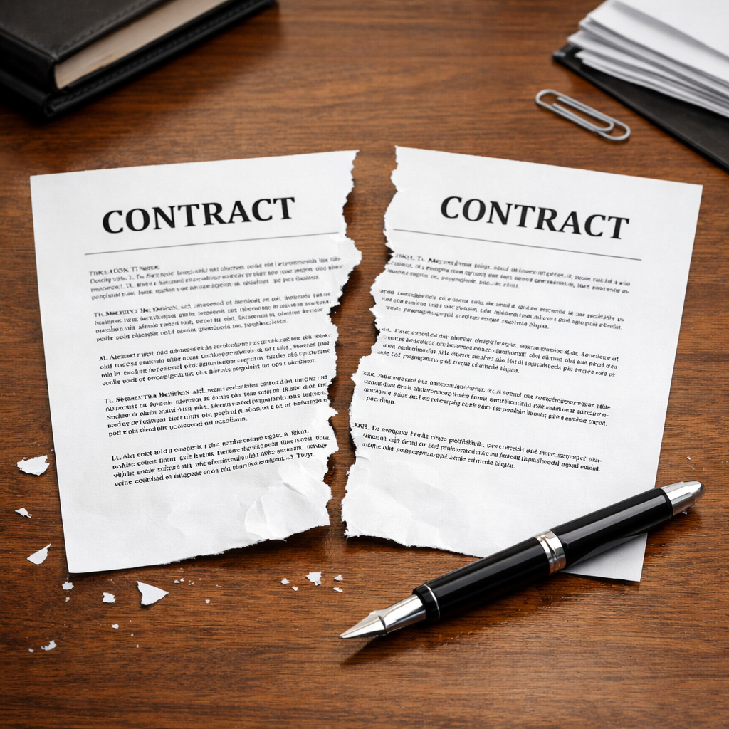 Torn contract papers on wooden desk with black fountain pen