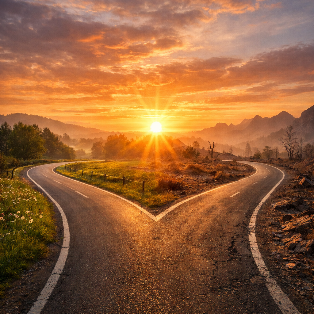 A split paved road diverging into two paths surrounded by grass and rocky terrain under a colorful sunrise