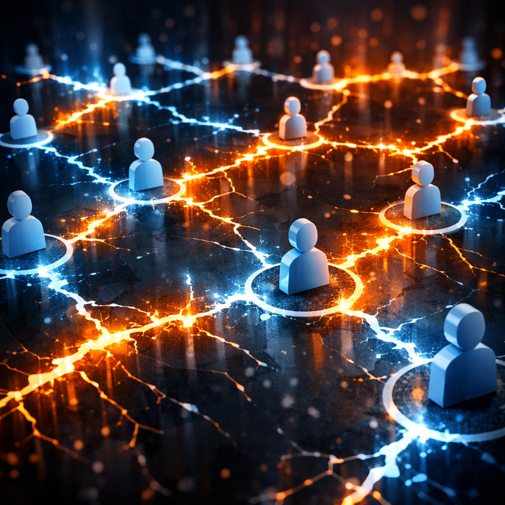 3D user icons linked by glowing blue and orange digital network lines on a dark surface