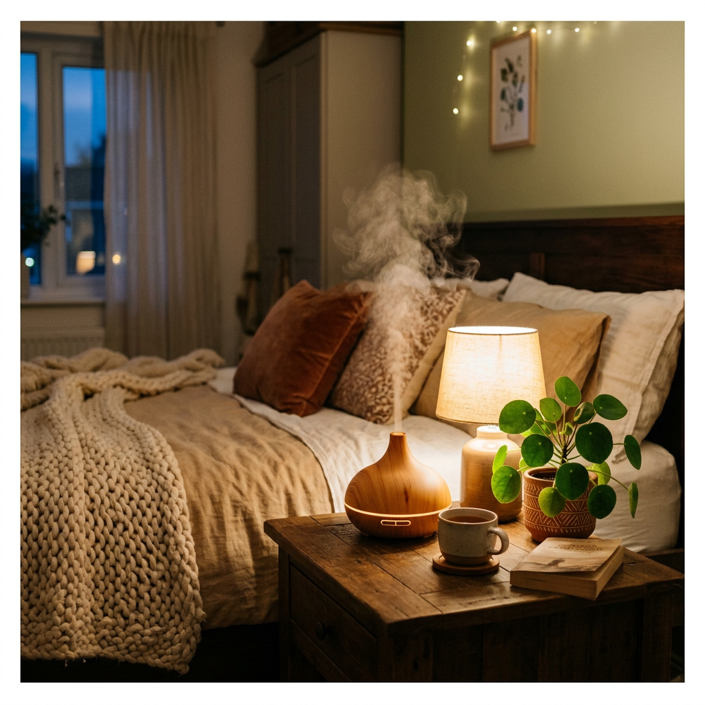 Aromatherapy diffuser releasing steam on bedside table next to lamp, plant, cup, and book in cozy bedroom