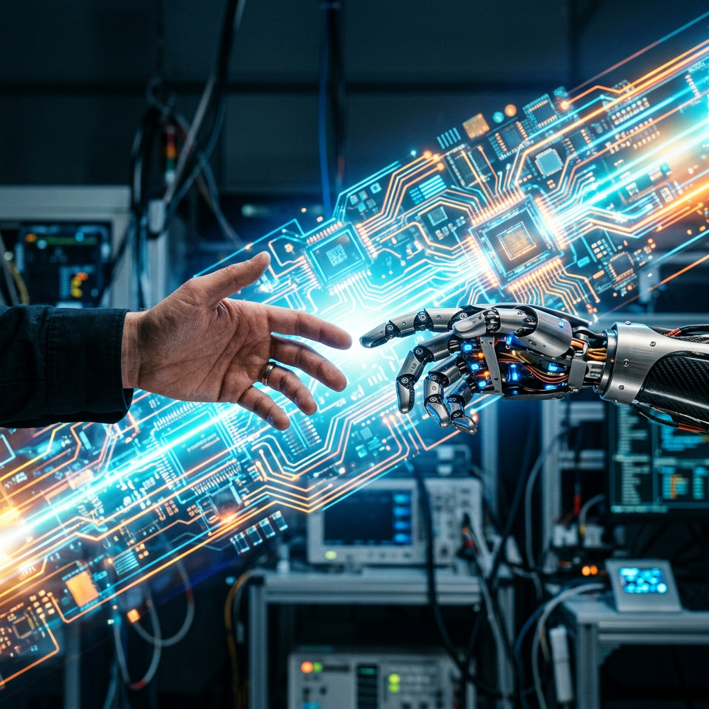 Human hand and robotic hand reaching out to each other with illuminated circuitry