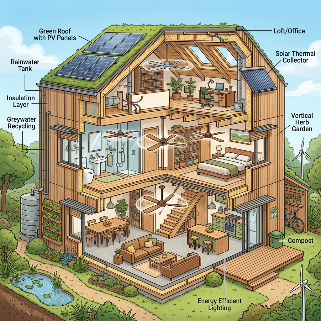 Cross-section of sustainable house with solar panels, rainwater tank, herb garden, and energy efficient features