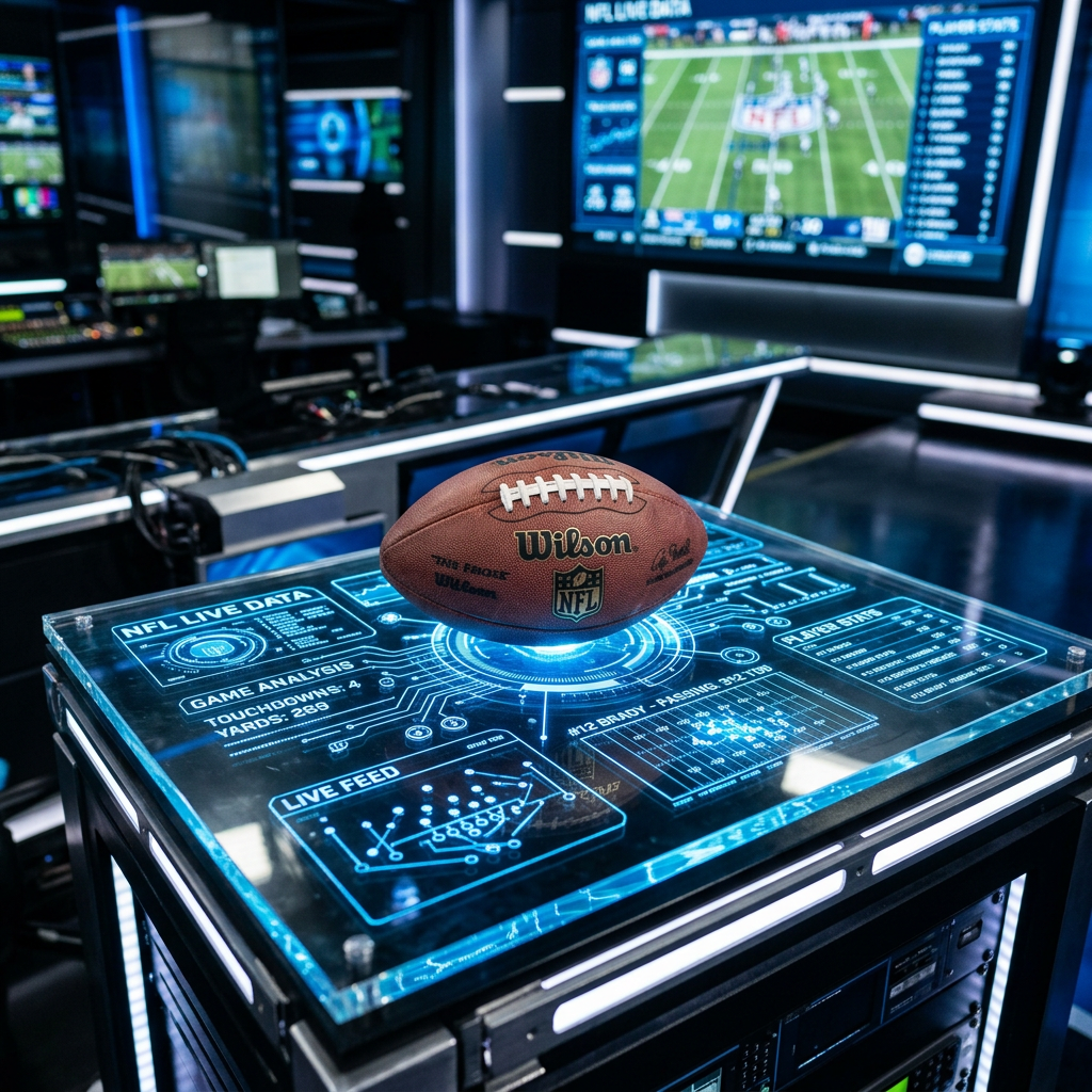 Wilson NFL football on illuminated football analytics table in a modern studio