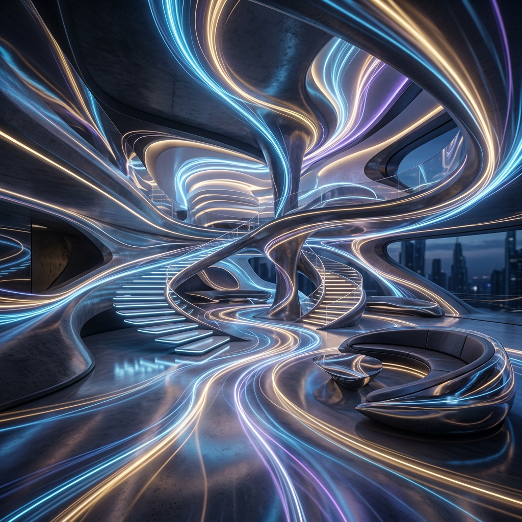 Futuristic interior with curved architecture and neon blue and purple lighting