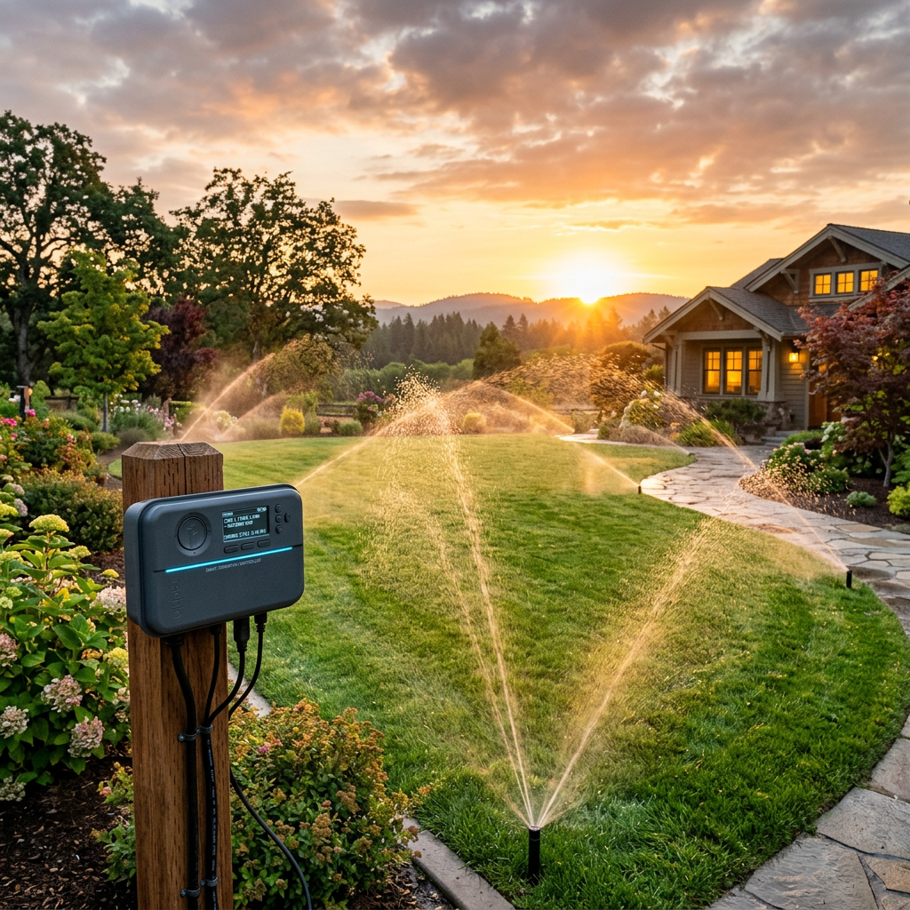 Automated sprinkler system watering green lawn with garden and house in background