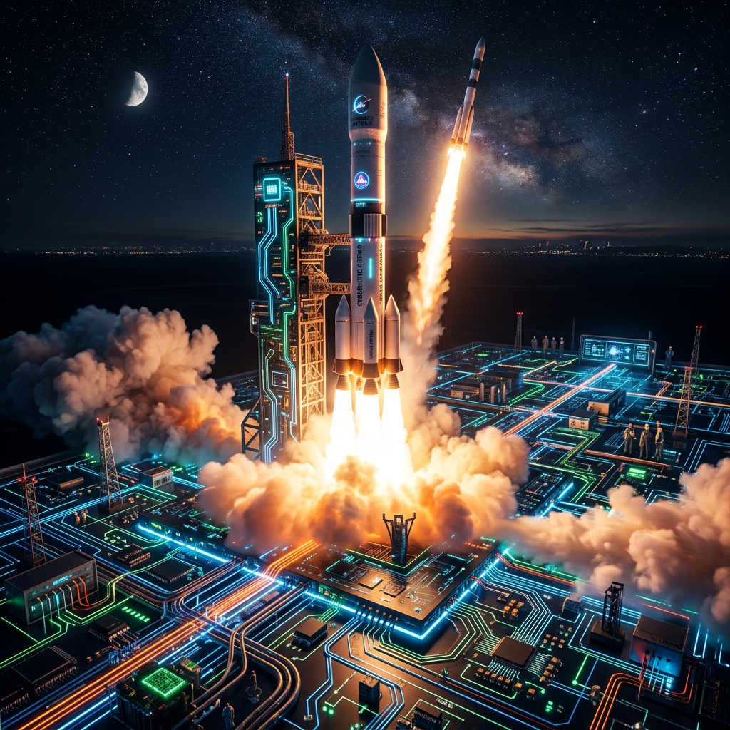 Rocket launching from a launchpad embedded in a glowing electronic circuit board