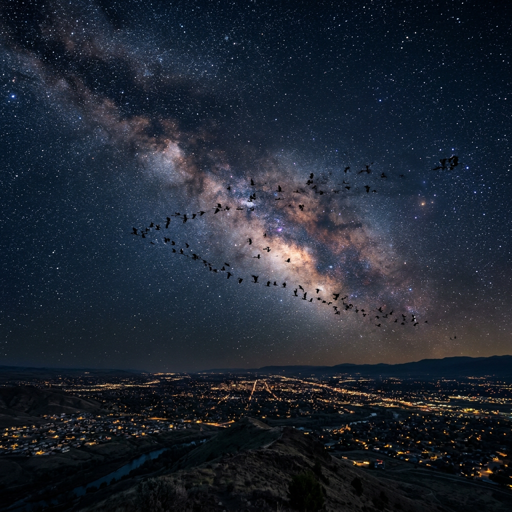Milky Way galaxy with stars and migrating birds flying above a cityscape at night