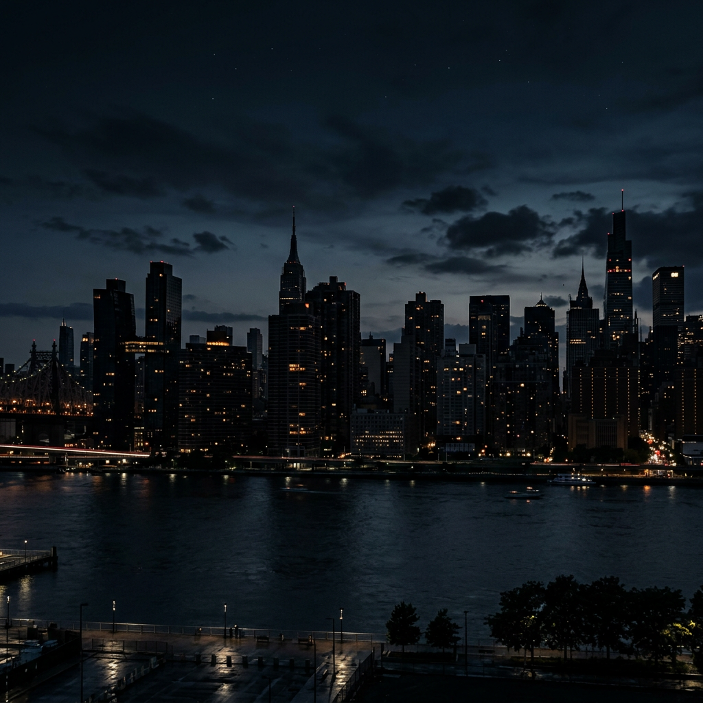 New York City skyline at night with lit buildings and dark river