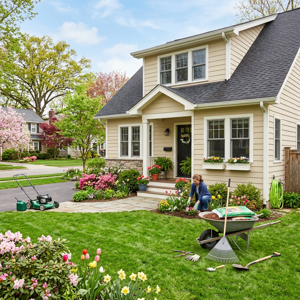 Woman planting flowers in a flower bed outside a beige suburban house with lawn and gardening tools