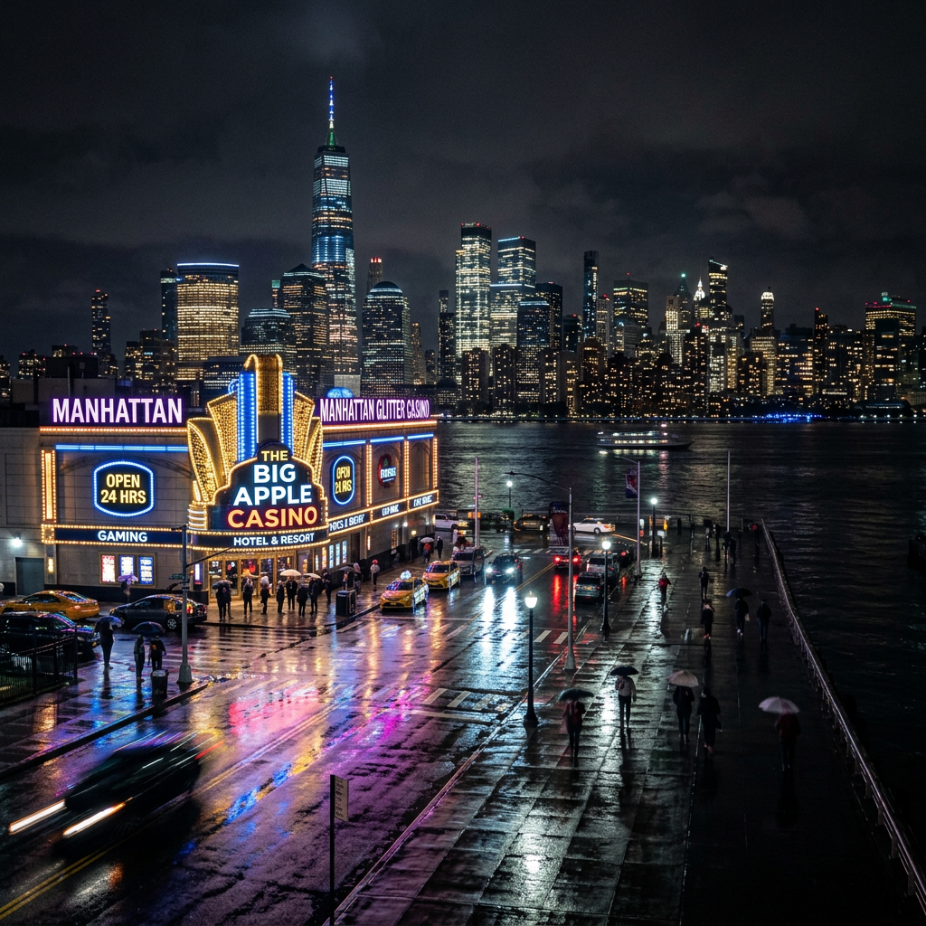 Big Apple Casino building lit up at night with Manhattan skyline and reflections on wet street