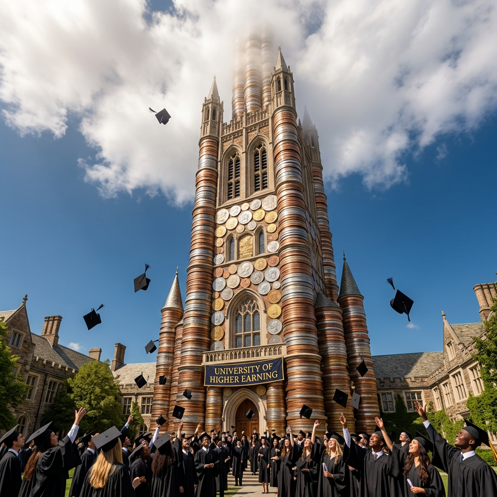 Graduates in caps and gowns throwing caps in front of University of Higher Earning tower decorated with coins
