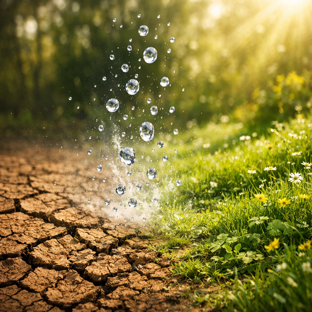 Water droplets splashing on cracked dry soil beside green grass and flowers