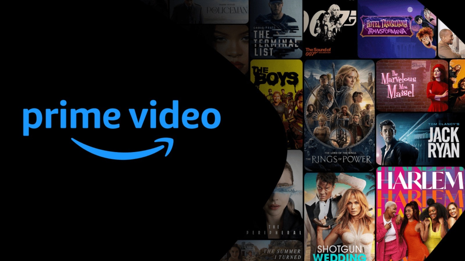 Prime Video branding on a black background with a collage of popular movie posters to the right, representing the streaming service.