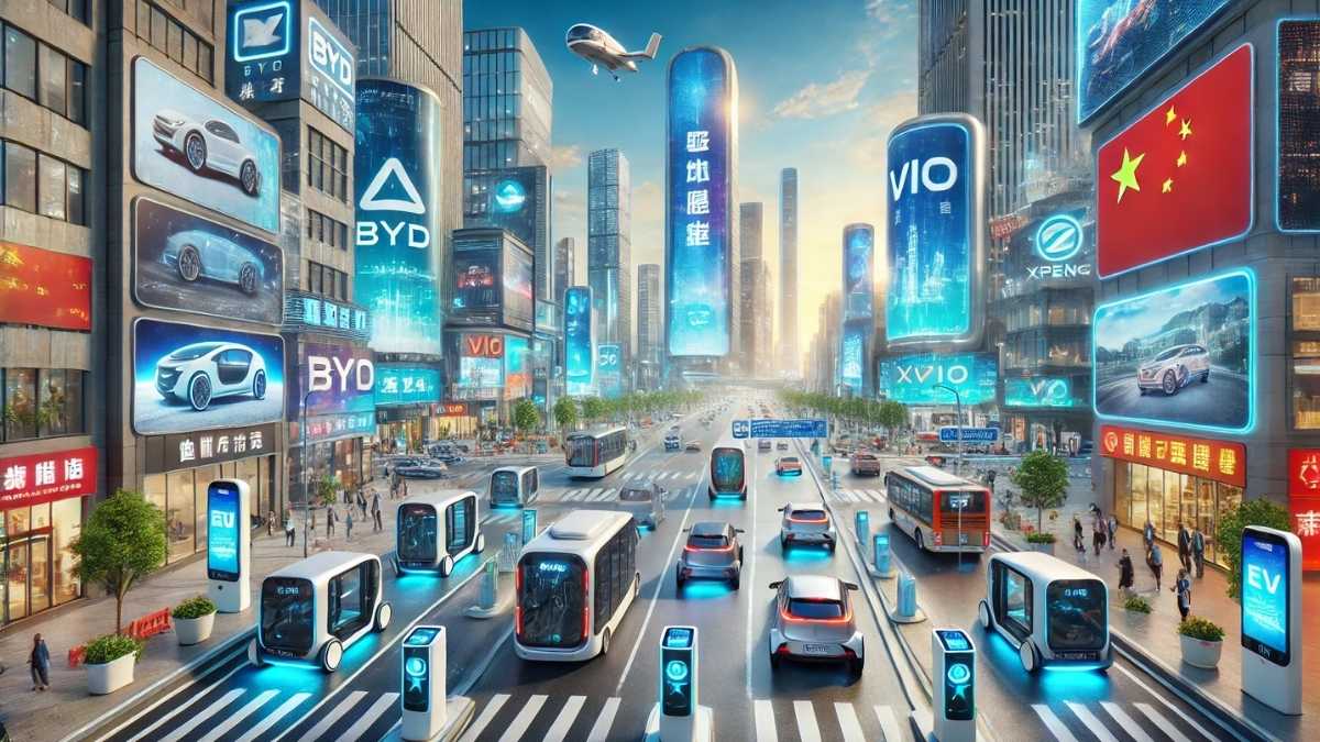 Futuristic city street with autonomous electric buses and cars among bright blue ads and skyscrapers.