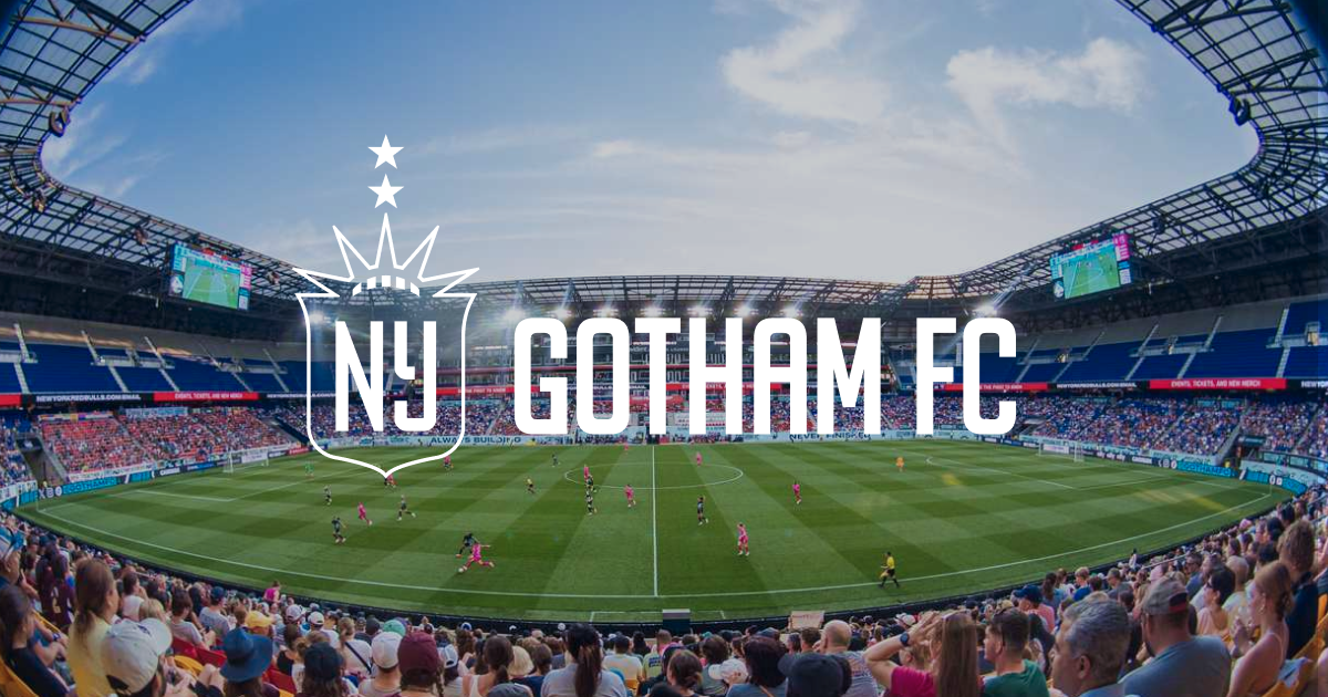Gotham FC crest over a packed soccer stadium, large text reading 'Gotham FC' across the field.