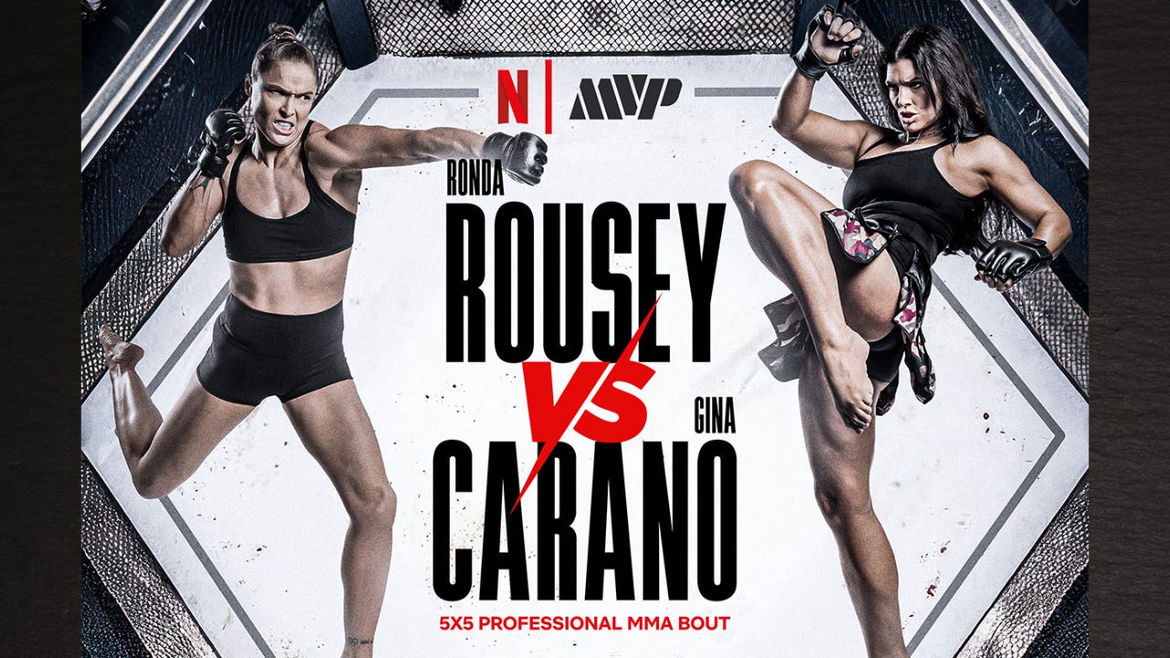Poster advertising Ronda Rousey vs Gina Carano MMA bout, two female fighters in fighting stances inside a cage.
