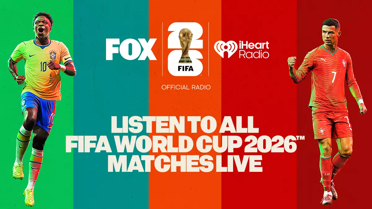 Promotional banner promoting live radio coverage of FIFA World Cup 2026 matches, featuring Brazil and Portugal players and FOX iHeart Radio logos.
