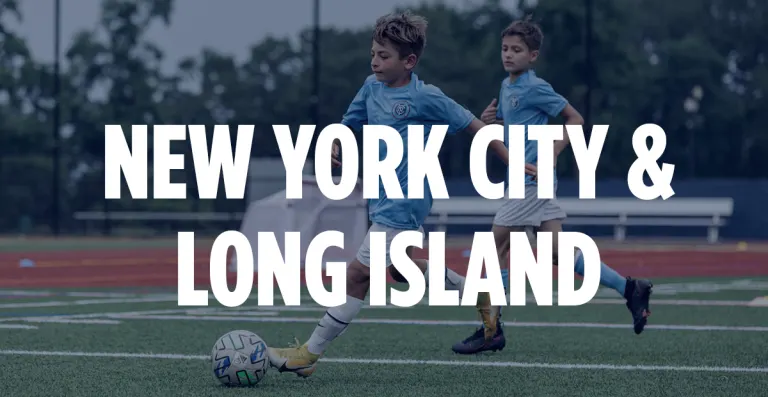 Youth soccer players on a turf field with bold white text reading 'New York City & Long Island' across the image.