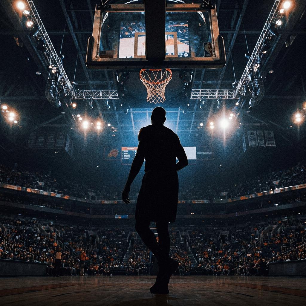 Silhouette of basketball player standing on court under basketball hoop in filled arena