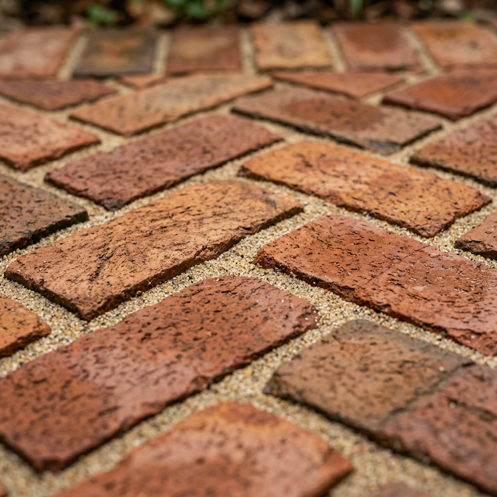 Close-up of red and brown bricks with rough texture set in sandy mortar