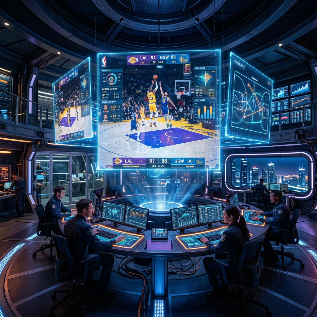 Command center with multiple screens showing basketball game statistics and live footage