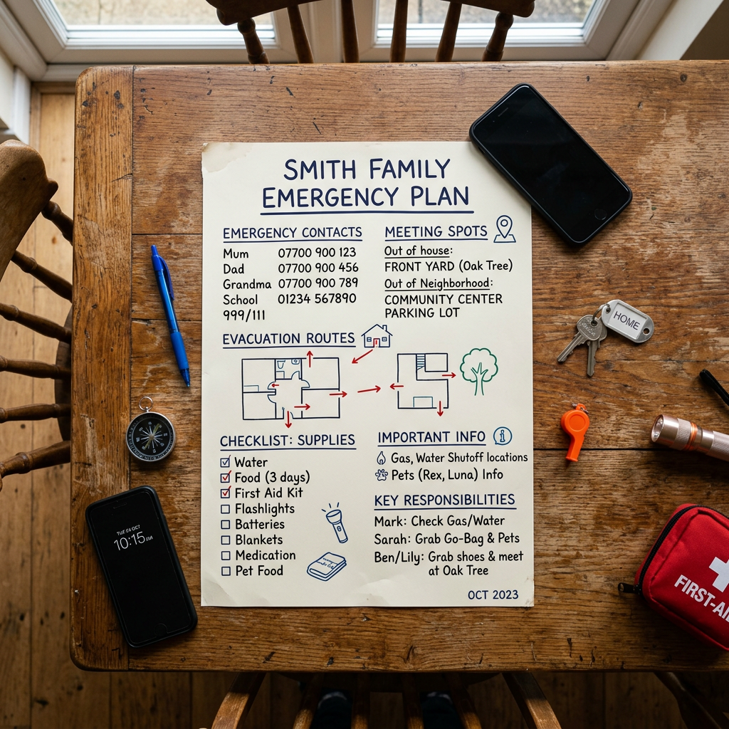 Smith family emergency plan with contacts, meeting spots, evacuation routes, checklist, and responsibilities