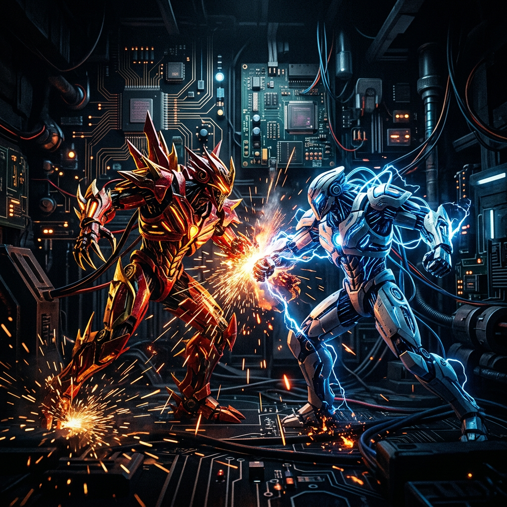 Two futuristic robots battling with sparks and electric energy in a cyber lab.