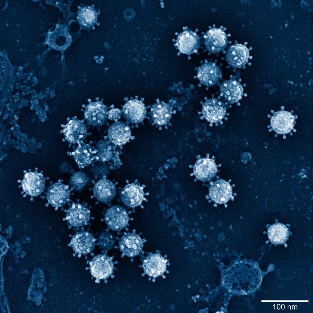 Electron microscope image showing cluster of coronavirus particles with spike proteins