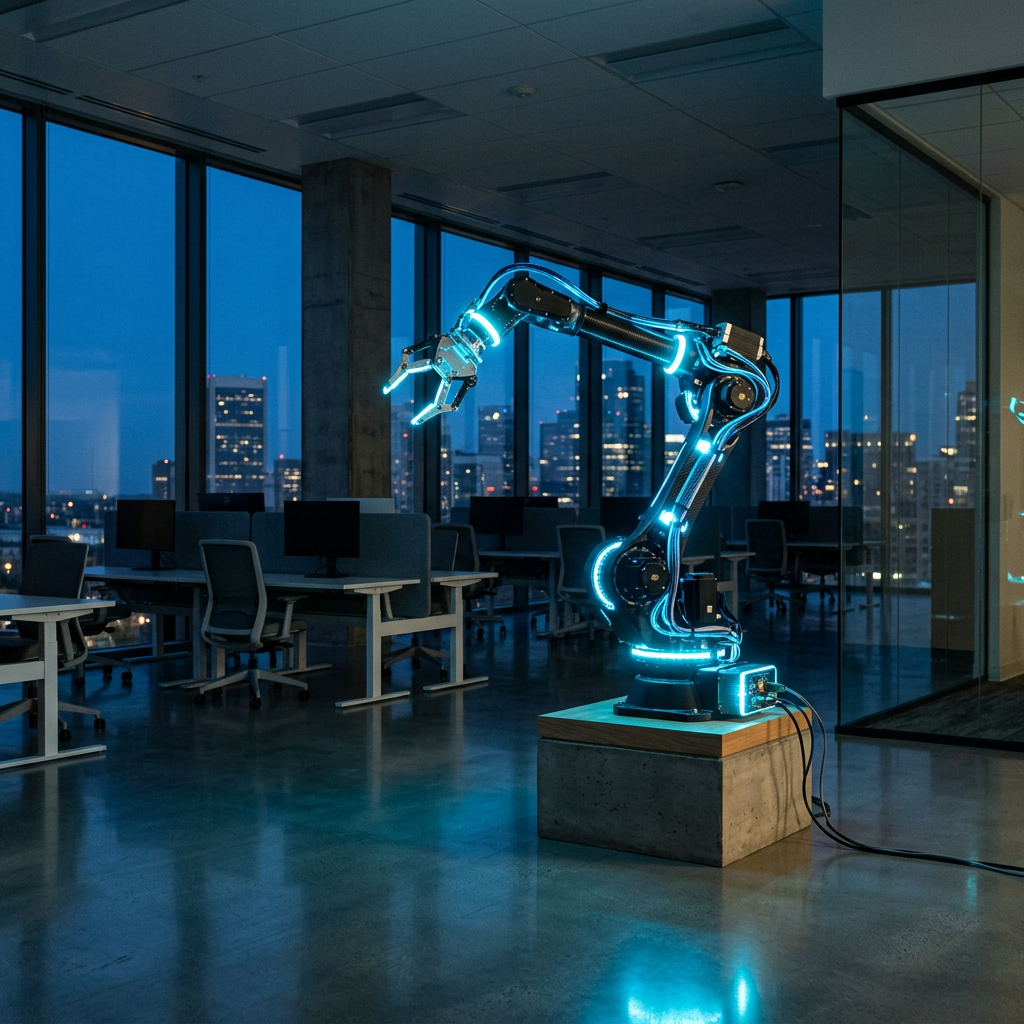 Robotic arm with blue LED lights on a concrete pedestal in a dark office space.