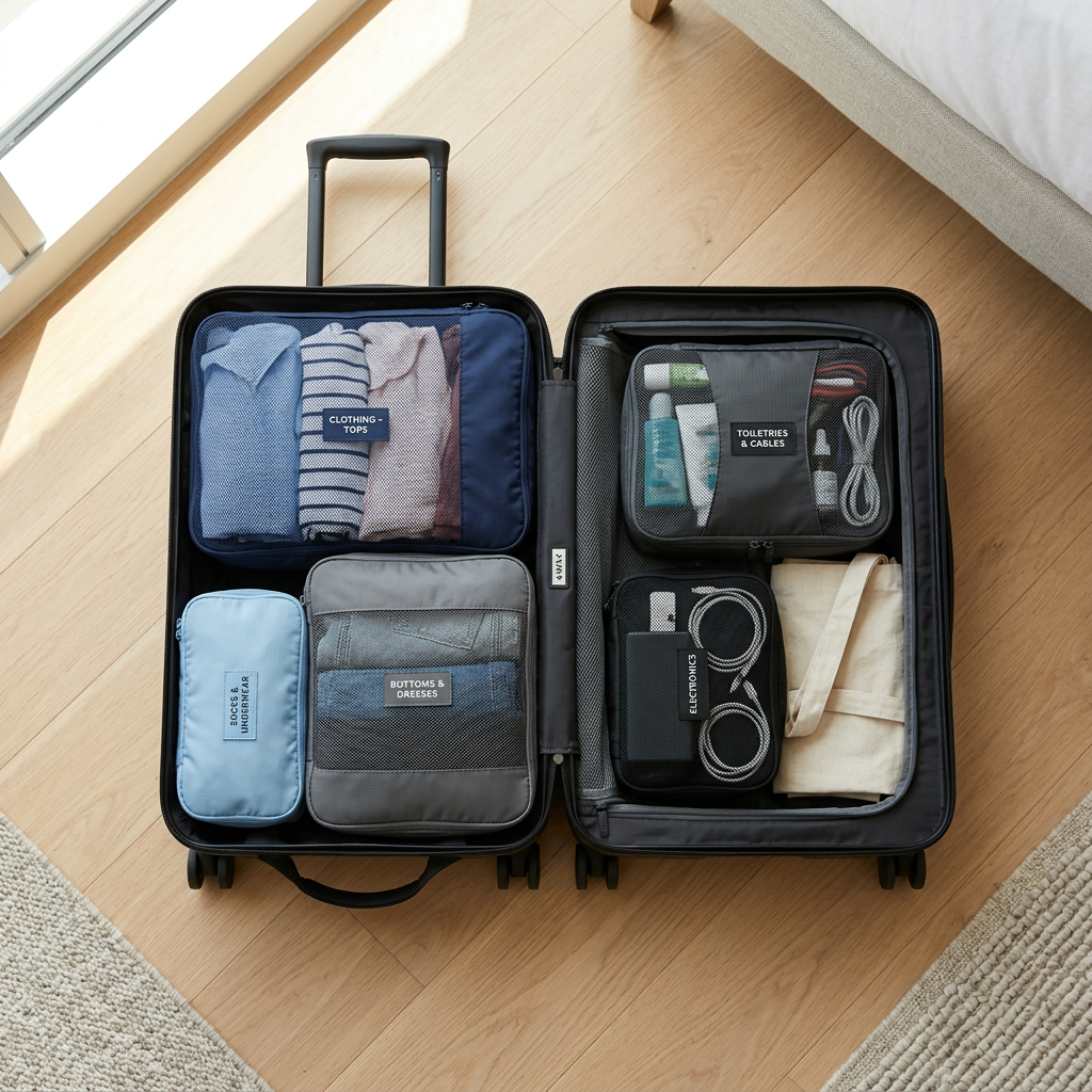 Open suitcase packed with labeled bags for clothing, bottoms, toiletries, electronics, and socks