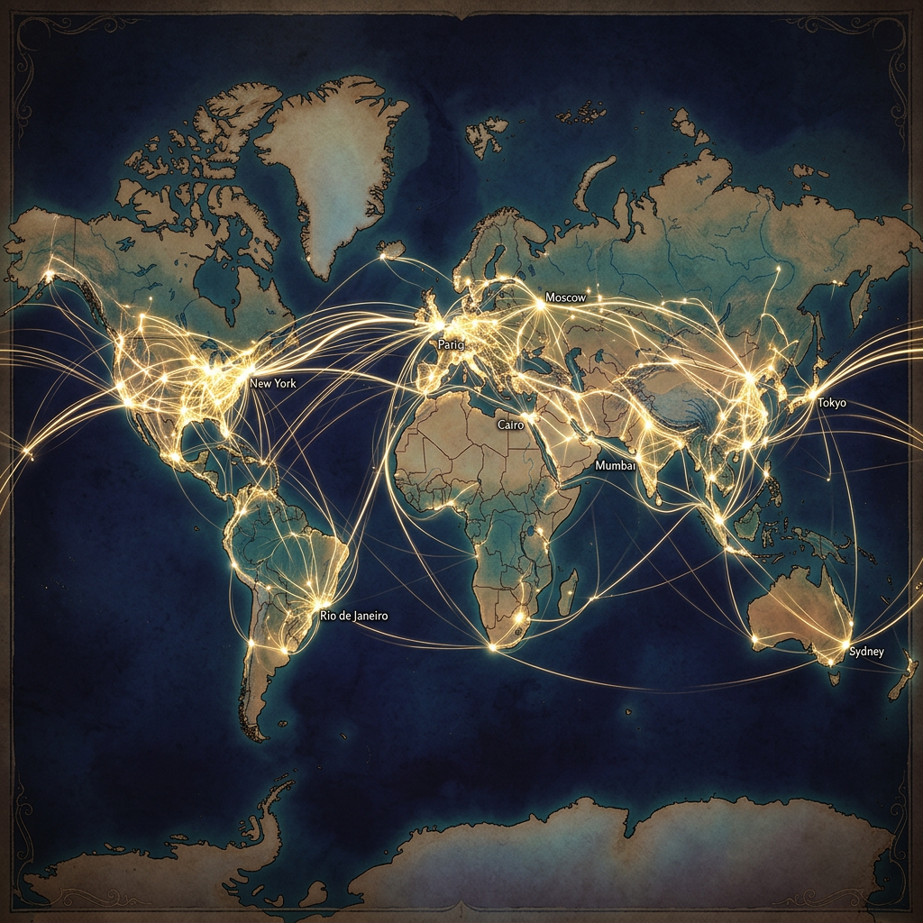 World map showing illuminated connecting lines between major cities including New York, Paris, Moscow, Tokyo, Sydney, Rio de Janeiro, Cairo, and Mumbai