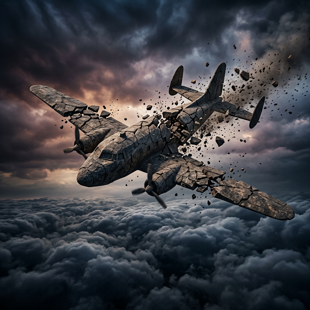 Vintage airplane breaking apart in mid-air over cloudy sky