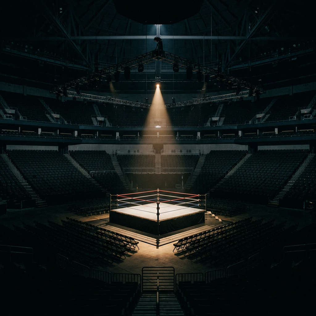 Empty wrestling ring under a spotlight in a dark arena