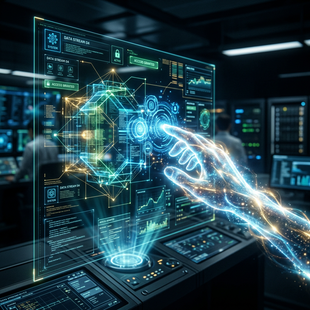 Holographic hand touching futuristic digital interface with data streams and 3D shapes