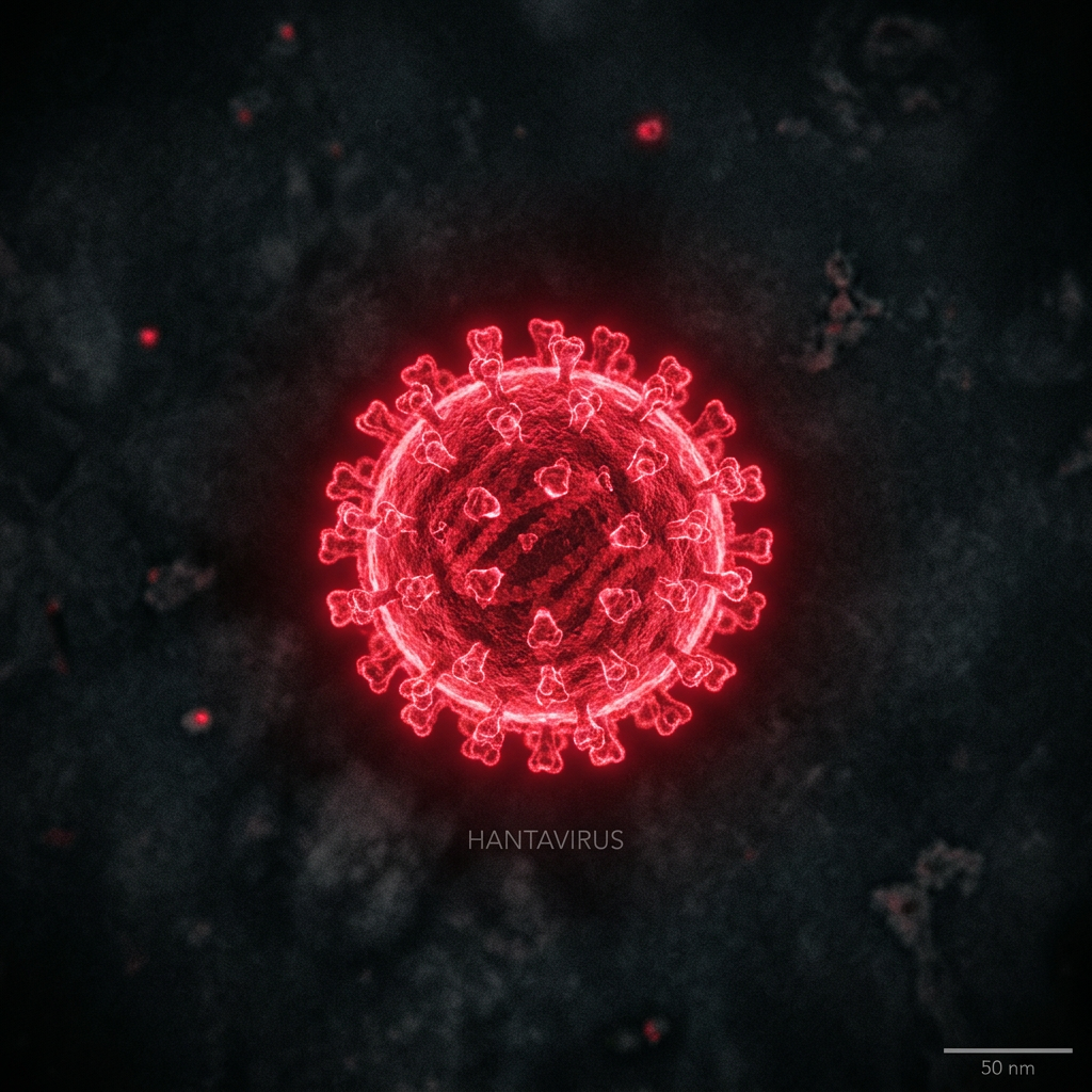 Hantavirus particle with spike proteins highlighted in red on dark background