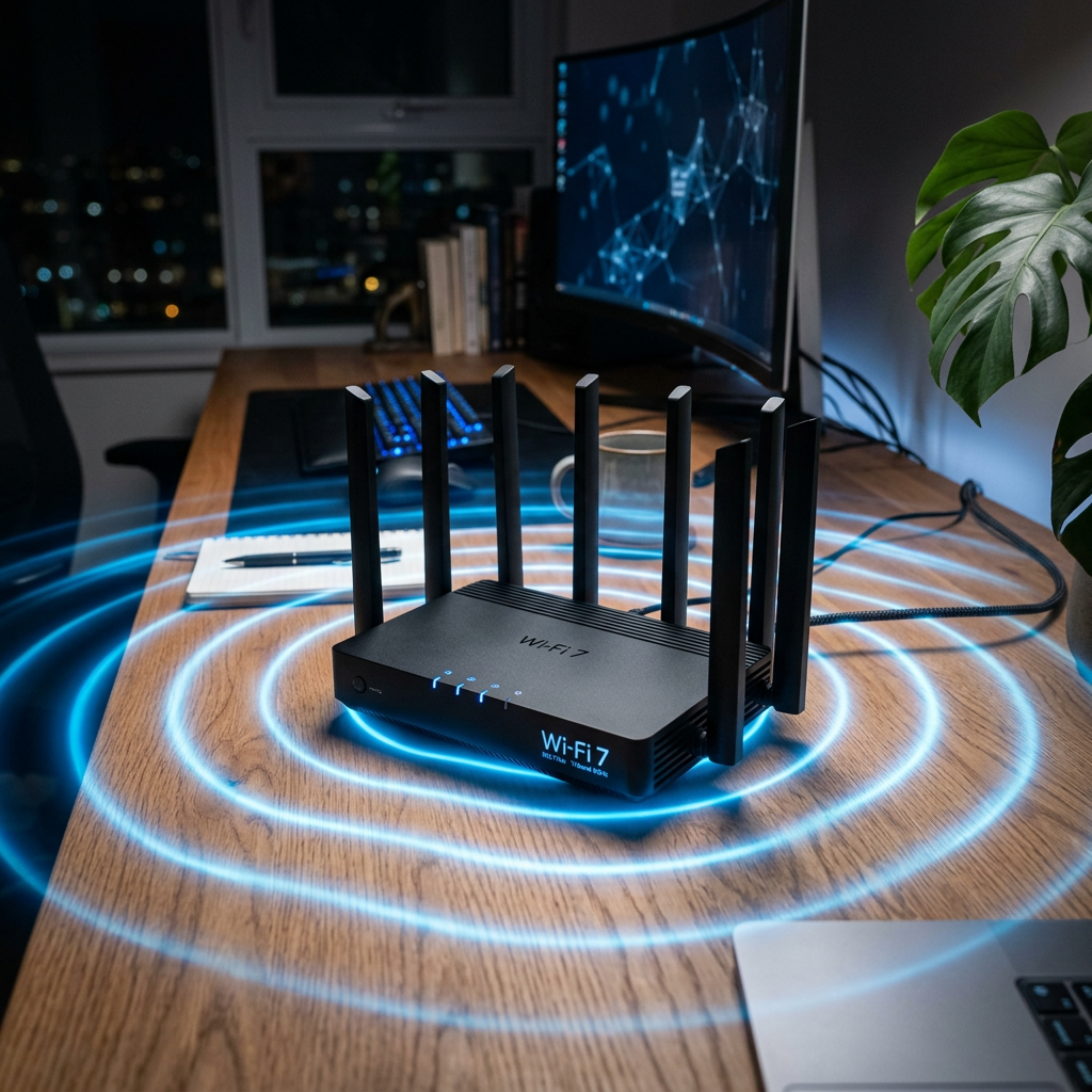 Wi-Fi 7 router with multiple antennas emitting wireless signal waves on wooden desk