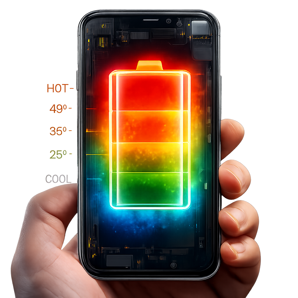 Smartphone screen showing a battery icon with a temperature scale from cool to hot