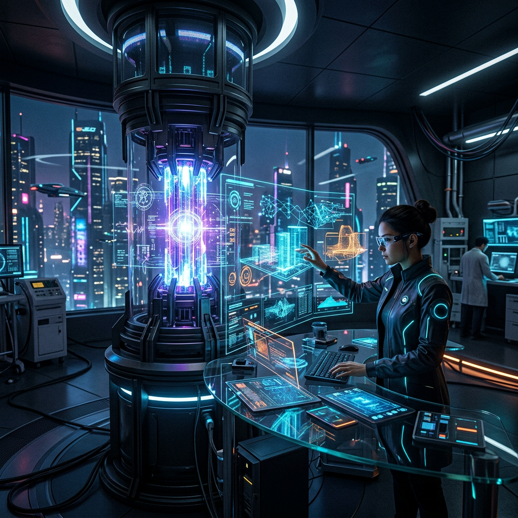 Scientist operating holographic interfaces in futuristic laboratory with glowing energy core.