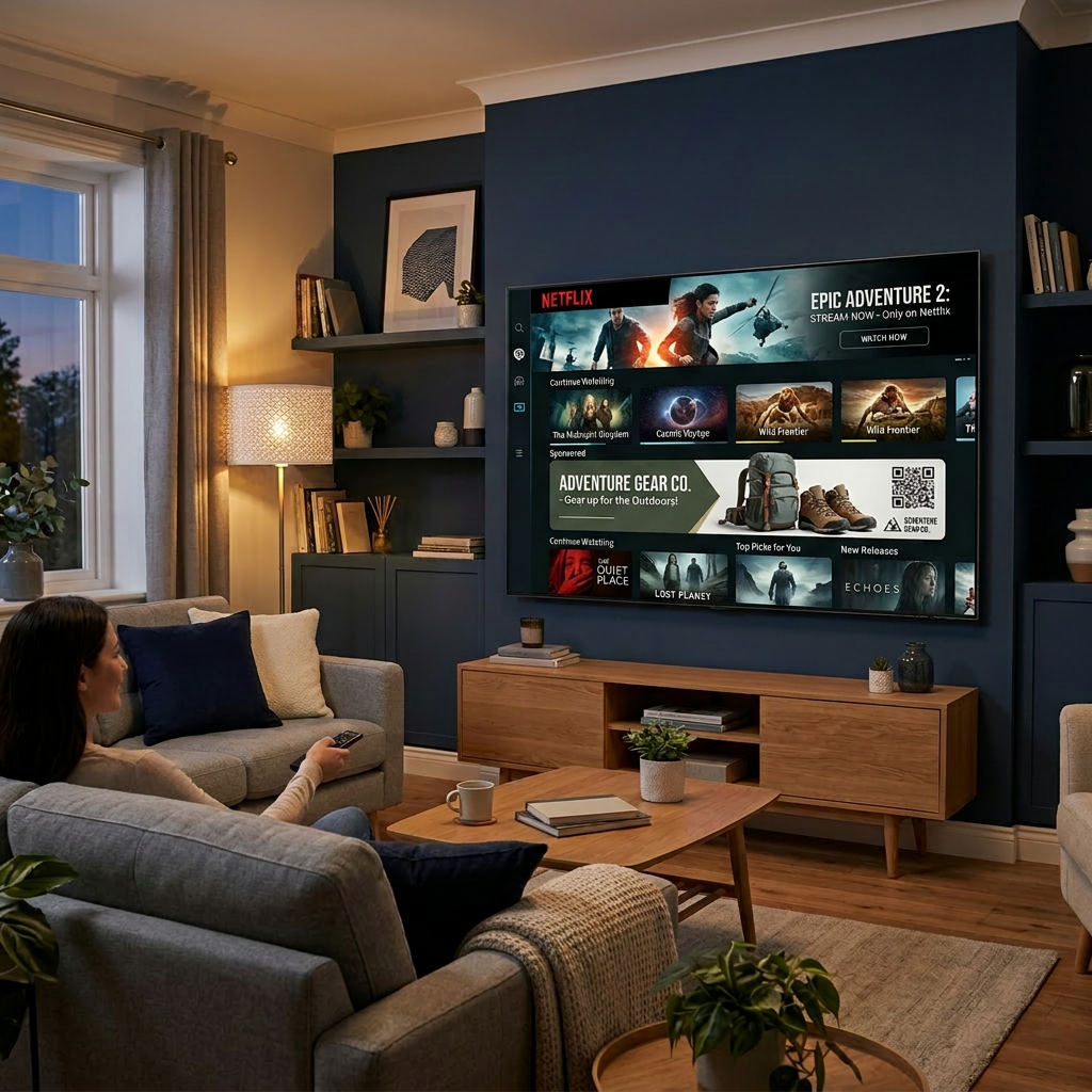Woman sitting on sofa using remote to navigate movie streaming app on large TV.