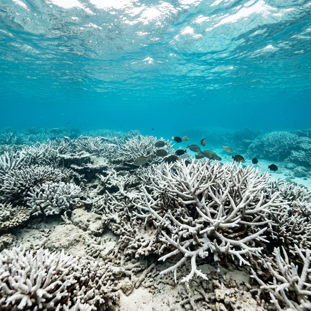 Bleached coral reef underwater with several small fish swimming