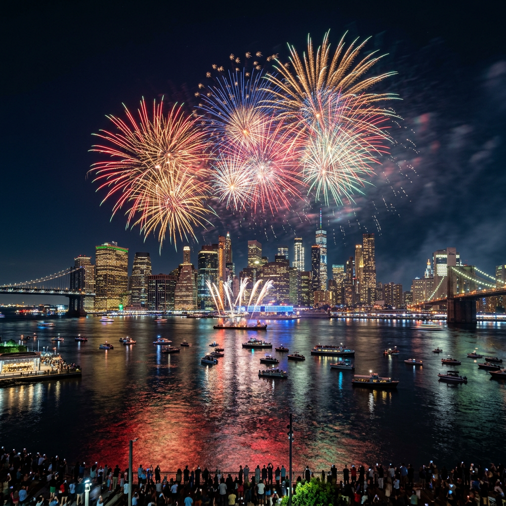 Fireworks bursting in colorful patterns above New York City skyline and waterfront with boats and spectators