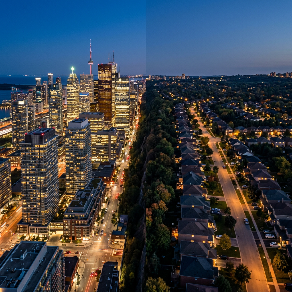City skyline with illuminated skyscrapers next to a tree-lined suburban street at dusk