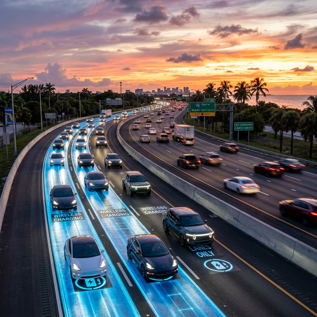 Highway lanes marked for wireless charging with electric cars driving on them