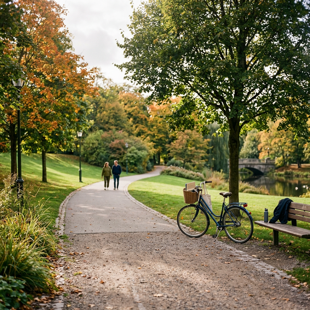 Couple walking on a park path with autumn trees and a bicycle by a tree