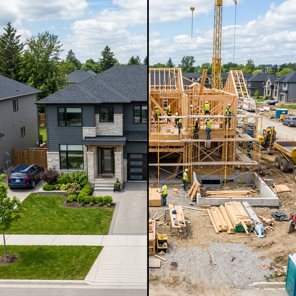 Finished two-story house next to a wooden framework of a house under construction with workers.