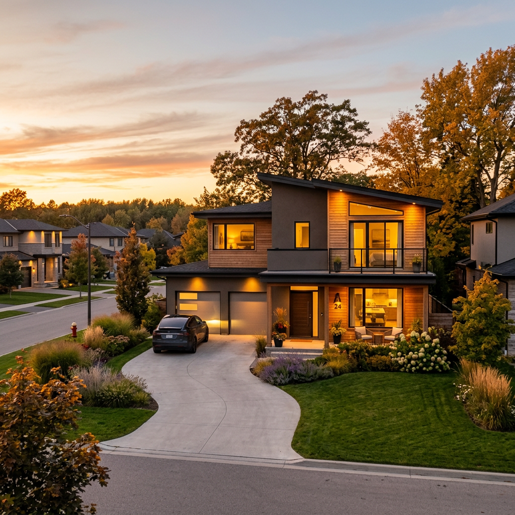 Modern two-story house with warm interior lights, a black car in driveway, and landscaped yard at sunset