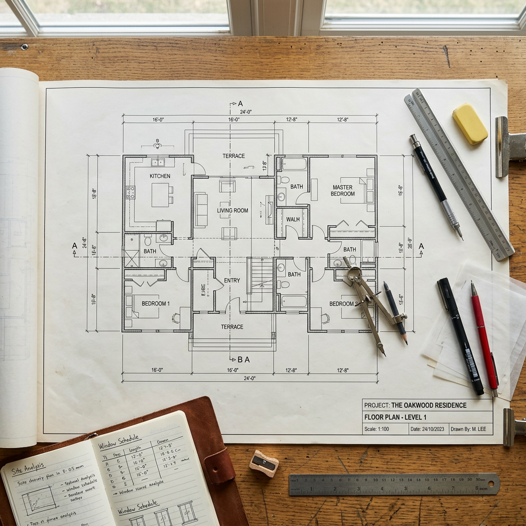 Blueprint floor plan of The Oakwood Residence with architectural tools and notebook on wooden surface
