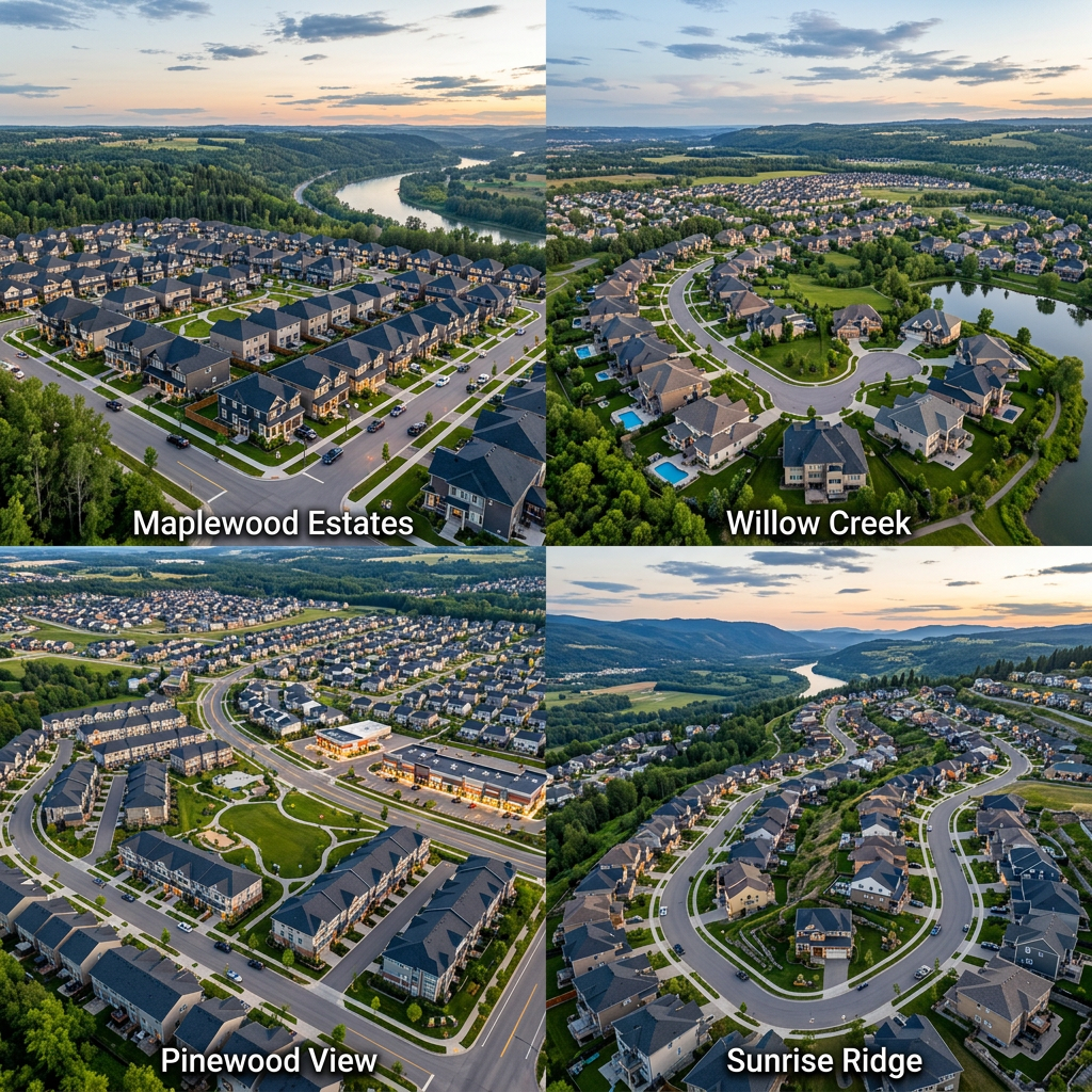 Aerial views of four suburban neighborhoods: Maplewood Estates, Willow Creek, Pinewood View, and Sunrise Ridge, with houses, roads, greenery, and a river nearby
