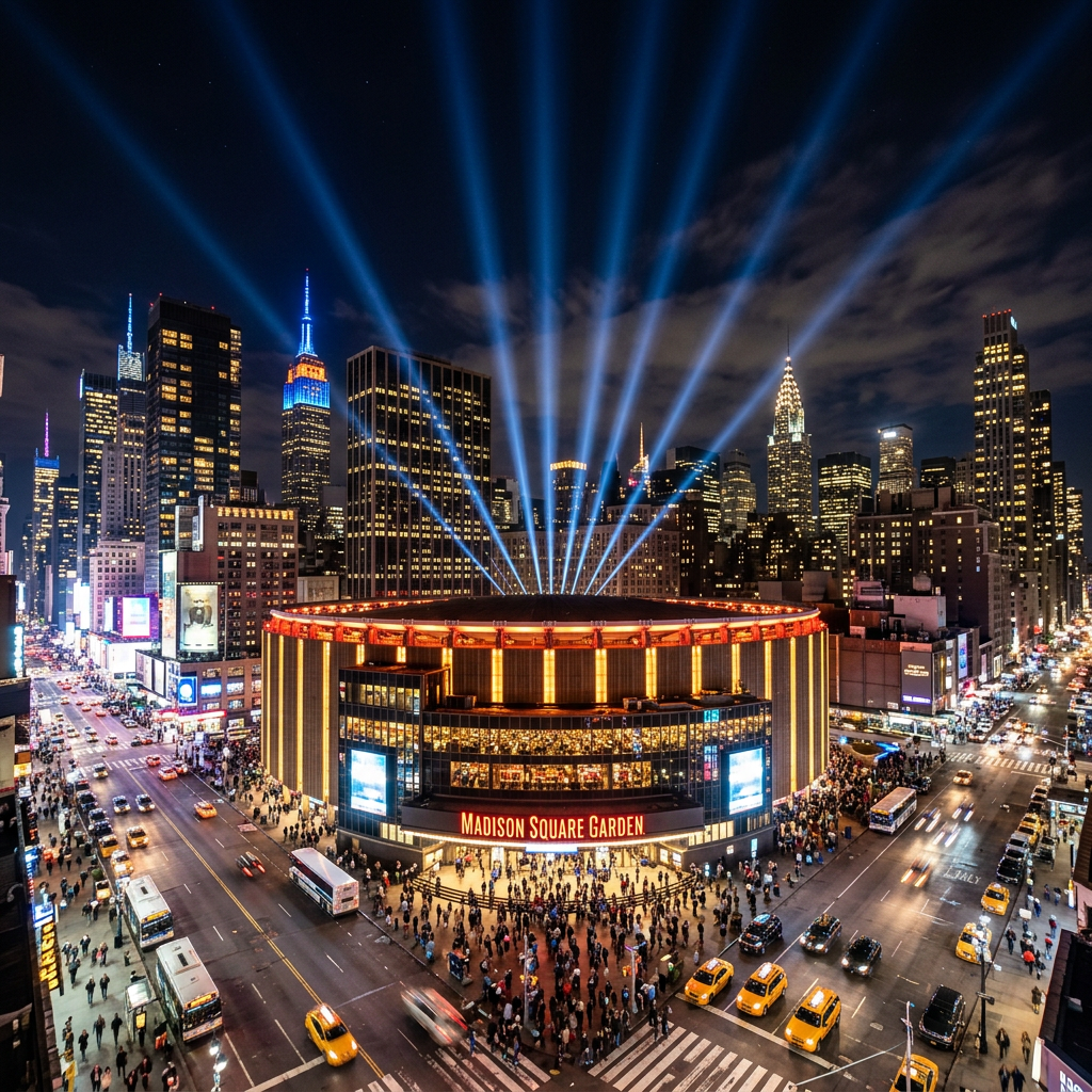Madison Square Garden building lit up at night with spotlights and surrounding cityscape